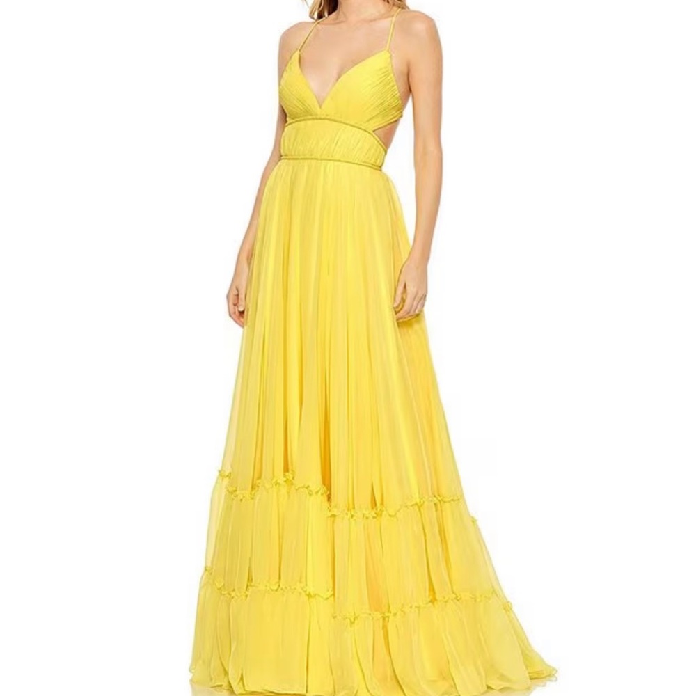 Deep V-Neck Sleeveless Spaghetti Strap Side Cut Out Back Tiered Ruffle Hem Gown